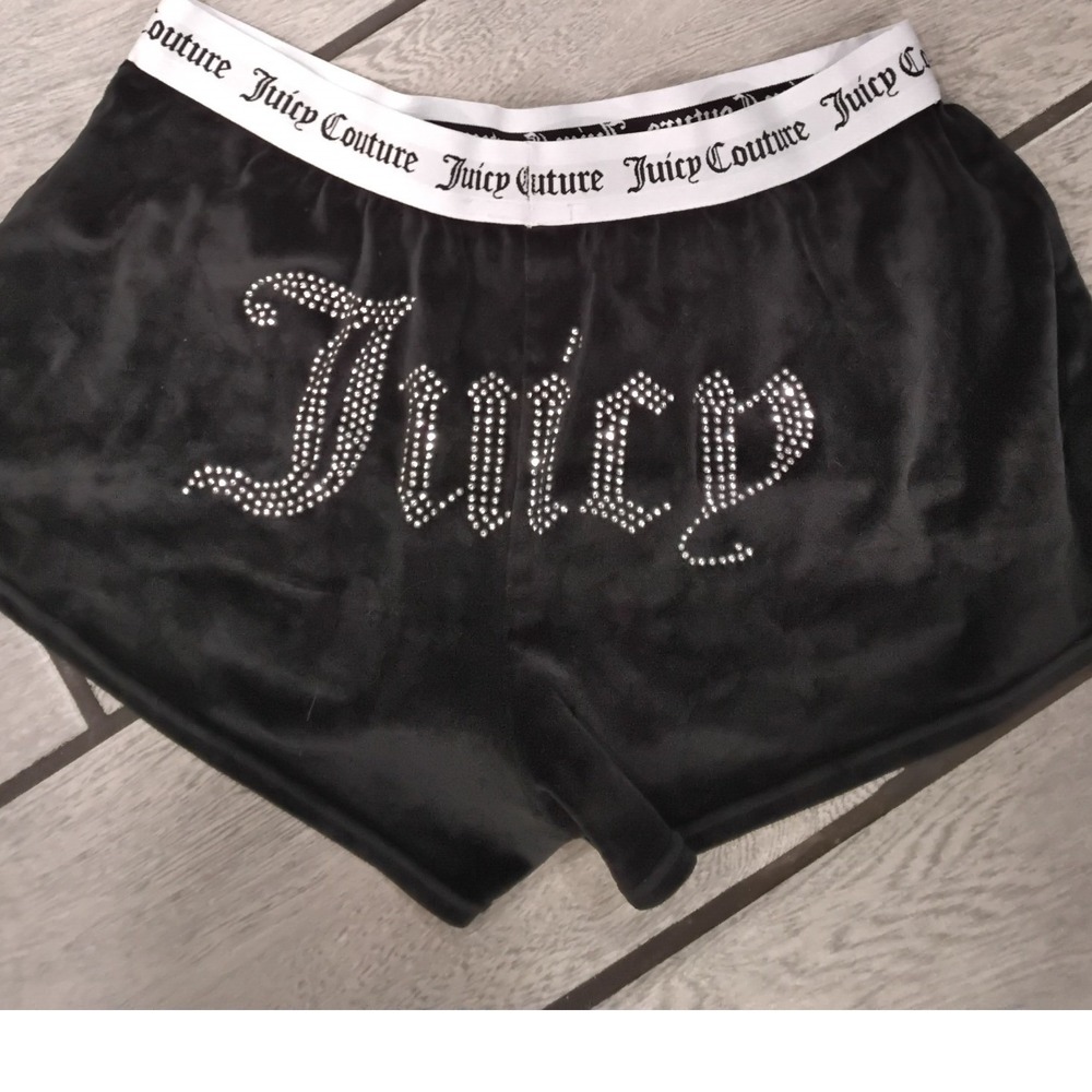 Juicy Couture Black Velour Shorts Rhinestone Logo Elastic Waist Women's M - Picture 3 of 4